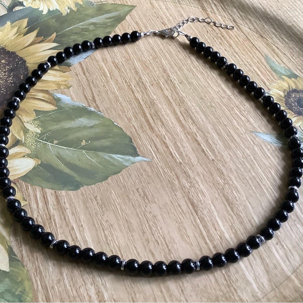 Beaded necklace black jasper crystal necklace handmade 18”